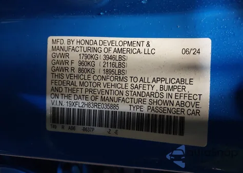 2024 Honda Civic Sport from USA, damaged, VIN 19XFL2H83RE035885